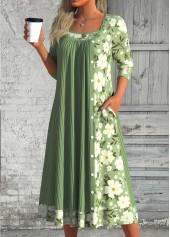 Green dresses,Floral dresses,Plants dresses,Everyday dresses,Casual dresses,ROTITA Patchwork Floral Print Green Scoop Neck Long Sleeve Dress