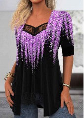 Purple tops,Black tops,Geometric tops,Ombre tops,ROTITA Geometric Print Purple Fake Two Piece Twinset