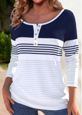 White tops,Striped tops,Geometric tops,ROTITA Button Striped White Boat Neck Long Sleeve T Shirt