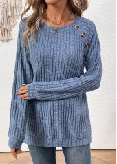 Dusty Blue tops,Plain Color tops,ROTITA Button Dusty Blue Round Neck Long Sleeve T Shirt