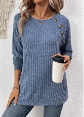 Dusty Blue tops,Plain Color tops,ROTITA Button Dusty Blue Round Neck Long Sleeve T Shirt