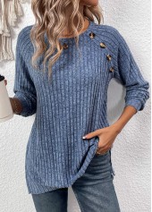 Dusty Blue tops,Plain Color tops,ROTITA Button Dusty Blue Round Neck Long Sleeve T Shirt