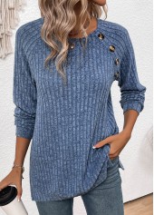 Dusty Blue tops,Plain Color tops,ROTITA Button Dusty Blue Round Neck Long Sleeve T Shirt