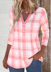 Dusty Pink tops,Plaid tops,Striped tops,Geometric tops,ROTITA Tuck Stitch Plaid Dusty Pink Split Neck T Shirt
