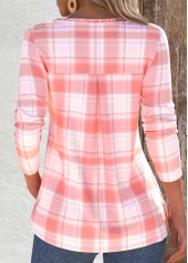 Dusty Pink tops,Plaid tops,Striped tops,Geometric tops,ROTITA Tuck Stitch Plaid Dusty Pink Split Neck T Shirt
