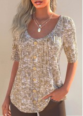 Ginger tops,Plain Color tops,ROTITA Button Ginger Scoop Neck Half Sleeve T Shirt