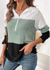Black tops,White tops,Contrast Color tops,ROTITA Patchwork Contrast Color Long Sleeve Hoodie