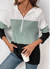 Black tops,White tops,Contrast Color tops,ROTITA Patchwork Contrast Color Long Sleeve Hoodie