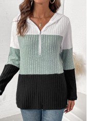 Black tops,White tops,Contrast Color tops,ROTITA Patchwork Contrast Color Long Sleeve Hoodie
