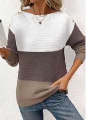 Dark Coffee tops,Contrast Color tops,Patchwork Dark Coffee Round Neck Long Sleeve Sweater