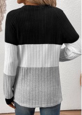 Black tops,Contrast Color tops,ROTITA Patchwork Black V Neck Long Sleeve T Shirt
