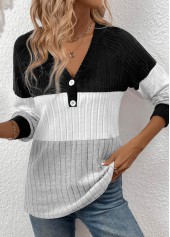 Black tops,Contrast Color tops,ROTITA Patchwork Black V Neck Long Sleeve T Shirt