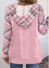 Pink tops,Plaid tops,Striped tops,Geometric tops,ROTITA Button Plaid Pink Long Sleeve Hoodie