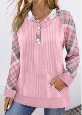 Pink tops,Plaid tops,Striped tops,Geometric tops,ROTITA Button Plaid Pink Long Sleeve Hoodie