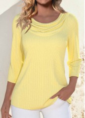 ROTITA Light Yellow Draped Neck 3/4 Sleeve T Shirt