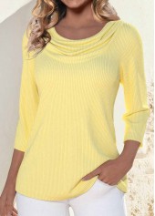 Light Yellow tops,Plain Color tops,ROTITA Light Yellow Draped Neck 3/4 Sleeve T Shirt