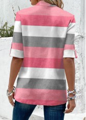 Pink tops,Striped tops,Geometric tops,ROTITA Fake 2in1 Striped Pink Square Neck T Shirt