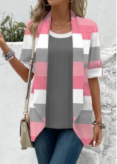 Pink tops,Striped tops,Geometric tops,ROTITA Fake 2in1 Striped Pink Square Neck T Shirt