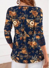 Navy tops,Halloween tops,Floral tops,Plants tops,ROTITA Lace Pumpkin Print Navy Split Neck T Shirt