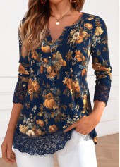 Navy tops,Halloween tops,Floral tops,Plants tops,ROTITA Lace Pumpkin Print Navy Split Neck T Shirt