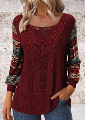 ROTITA Patchwork Tribal Print Wine Red Round Neck T Shirt