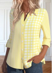 Light Yellow tops,Striped tops,Geometric tops,ROTITA Patchwork Striped Light Yellow Long Sleeve Shirt