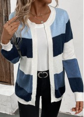 Blue tops,Contrast Color tops,Patchwork Design Blue Long Sleeve Cardigan