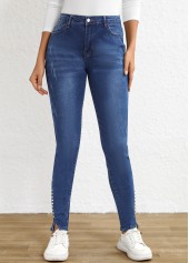Dark Blue bottoms,Plain Color bottoms,Split Dark Blue Skinny Button Fly High Waisted Jeans