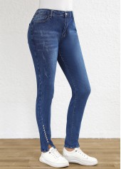 Dark Blue bottoms,Plain Color bottoms,Split Dark Blue Skinny Button Fly High Waisted Jeans