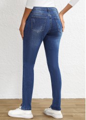 Dark Blue bottoms,Plain Color bottoms,Split Dark Blue Skinny Button Fly High Waisted Jeans