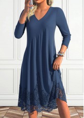 Navy dresses,Plain Color dresses,Everyday dresses,Casual dresses,ROTITA Lace Navy A Line V Neck Long Sleeve Dress