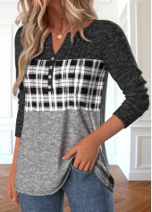 Grey tops,Plaid tops,ROTITA Patchwork Plaid Grey Split Neck Long Sleeve T Shirt