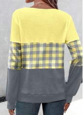 Yellow tops,Grey tops,Plaid tops,ROTITA Patchwork Plaid Yellow V Neck Long Sleeve T Shirt