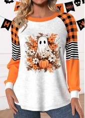 ROTITA Halloween Patchwork Orange Round Neck Long Sleeve Sweatshirt