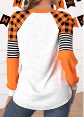 Orange tops,Halloween tops,Plaid tops,Striped tops,Geometric tops,ROTITA Halloween Patchwork Orange Round Neck Long Sleeve Sweatshirt