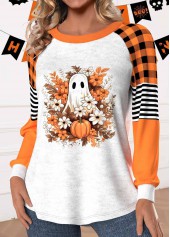 Orange tops,Halloween tops,Plaid tops,Striped tops,Geometric tops,ROTITA Halloween Patchwork Orange Round Neck Long Sleeve Sweatshirt
