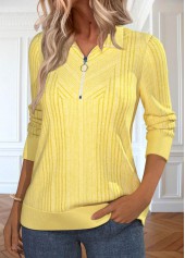 Light Yellow tops,Plain Color tops,ROTITA Zipper Light Yellow Turn Down Collar Long Sleeve Sweatshirt