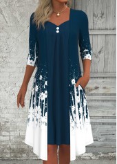 Peacock Blue dresses,White dresses,Floral dresses,Plants dresses,Dot dresses,Ombre dresses,Everyday dresses,Casual dresses,ROTITA Fake 2in1 Floral Print Peacock Blue A Line Dress
