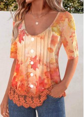 Orange tops,Plants tops,ROTITA Embroidery Leaf Print Orange Scoop Neck T Shirt