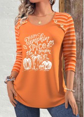 Terracotta tops,Halloween tops,ROTITA Patchwork Halloween Print Terracotta Round Neck T Shirt