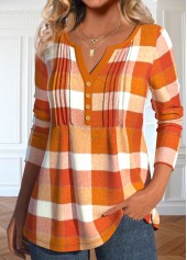 Orange tops,Plaid tops,ROTITA Tuck Stitch Plaid Orange Split Neck T Shirt