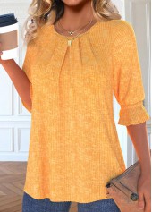 Orange tops,Plain Color tops,ROTITA Bowknot Orange Round Neck Half Sleeve T Shirt