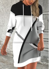 ROTITA Breathable Geometric Print Black Short Long Sleeve Hoodie Dress