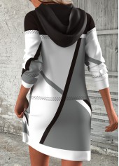 Black dresses,White dresses,Geometric dresses,Striped dresses,Everyday dresses,Casual dresses,ROTITA Breathable Geometric Print Black Short Long Sleeve Hoodie Dress