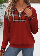 Deep Red tops,Plaid tops,ROTITA Patchwork Plaid Deep Red Turn Down Collar Sweatshirt
