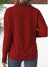 Deep Red tops,Plaid tops,ROTITA Patchwork Plaid Deep Red Turn Down Collar Sweatshirt