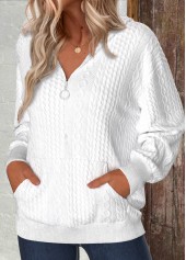White tops,Plain Color tops,ROTITA Zipper White V Neck Long Sleeve Hoodie