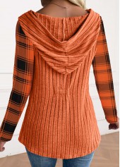 Orange tops,Plaid tops,Striped tops,Geometric tops,ROTITA Button Plaid Orange Long Sleeve Hoodie