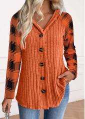 Orange tops,Plaid tops,Striped tops,Geometric tops,ROTITA Button Plaid Orange Long Sleeve Hoodie