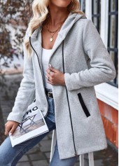 Light Grey tops,Plaid tops,ROTITA Zipper Plaid Light Grey Turn Down Collar Sweatshirt